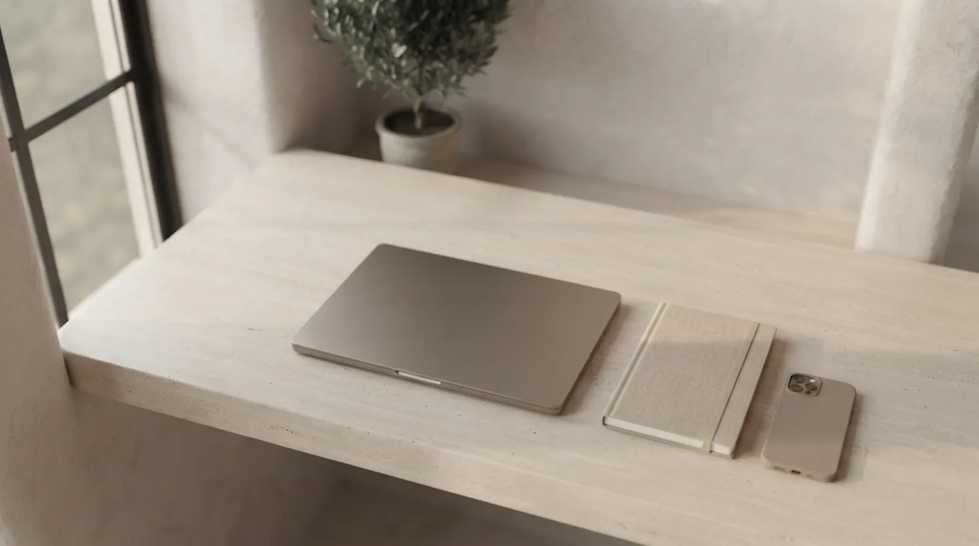 Clean desk with closed laptop, notebook, and phone face down.