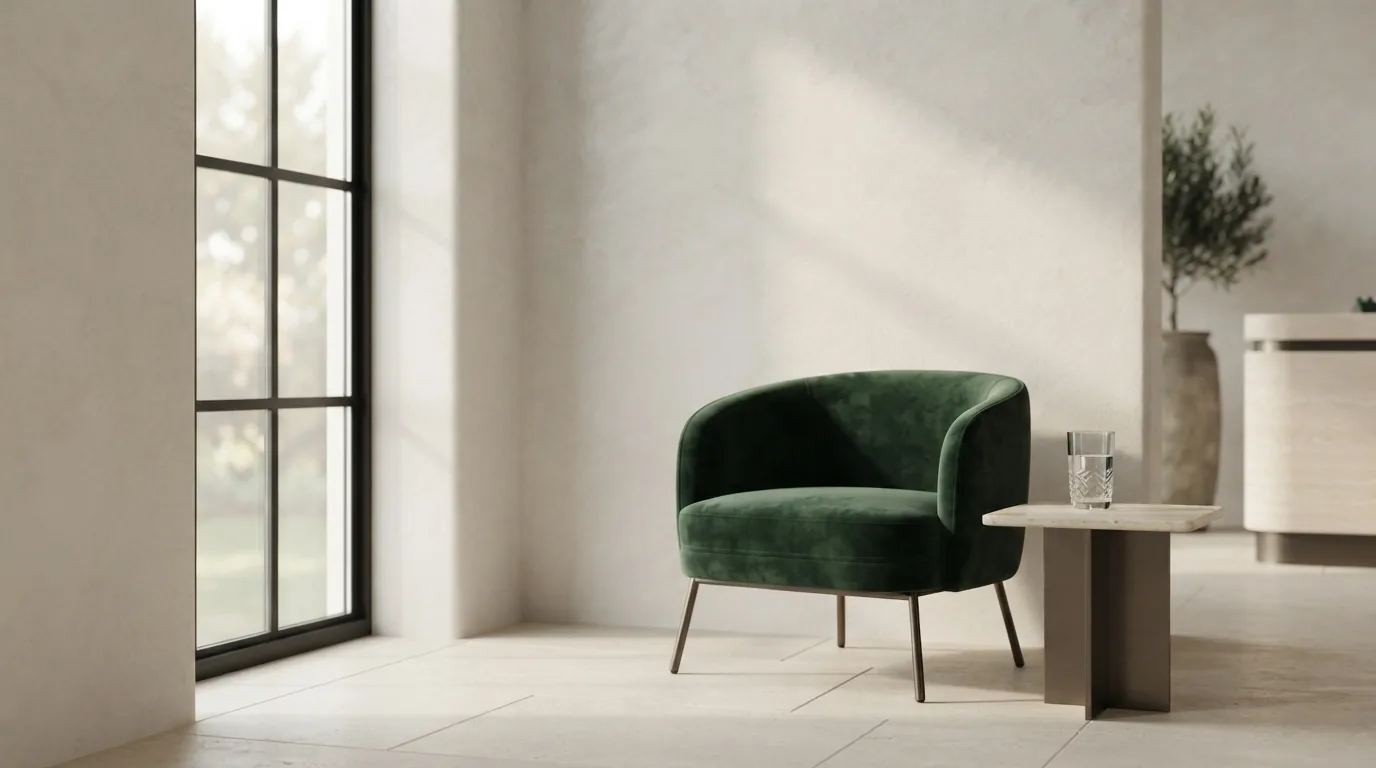 Empty green velvet chair with a glass of water on a side table.